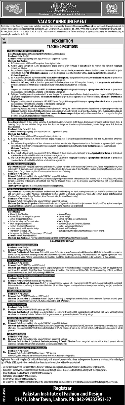 Jobs in Pakistan Institute of Fashion & Design Lahore